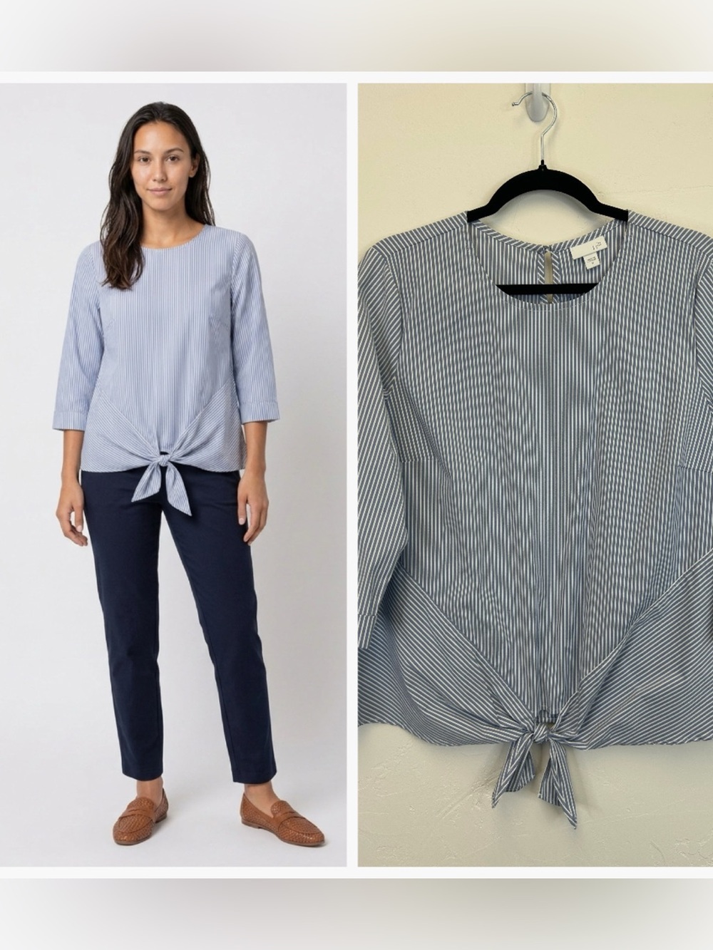 J. Jill Beachy Preppy Tie Front Vertical Stripe Blouse 3/4 Sleeve Size M Coastal